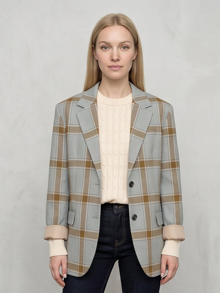 Damen Oversize-Karoblazer im Glencheck mit kastiger Silhouette und fallendem Revers Drune