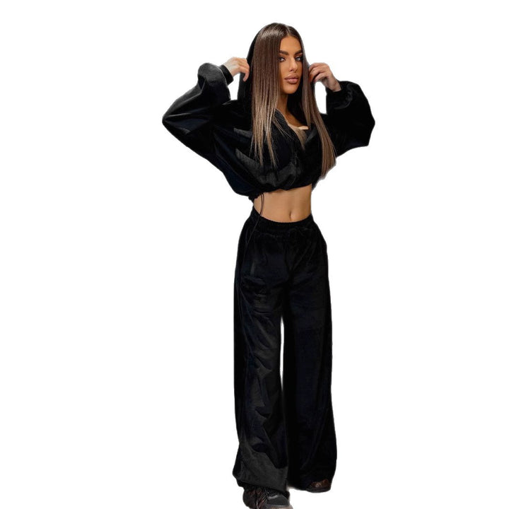 Damen luxuriöses Velours-Cropped-Hoodie und High-Waist Weite Jogginghose Set Drune