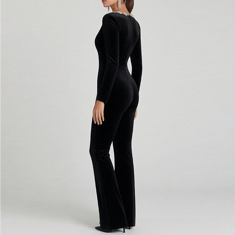 Damen Eleganter Flared Overall mit floralem Ausschnitt und langen Ärmeln Drune