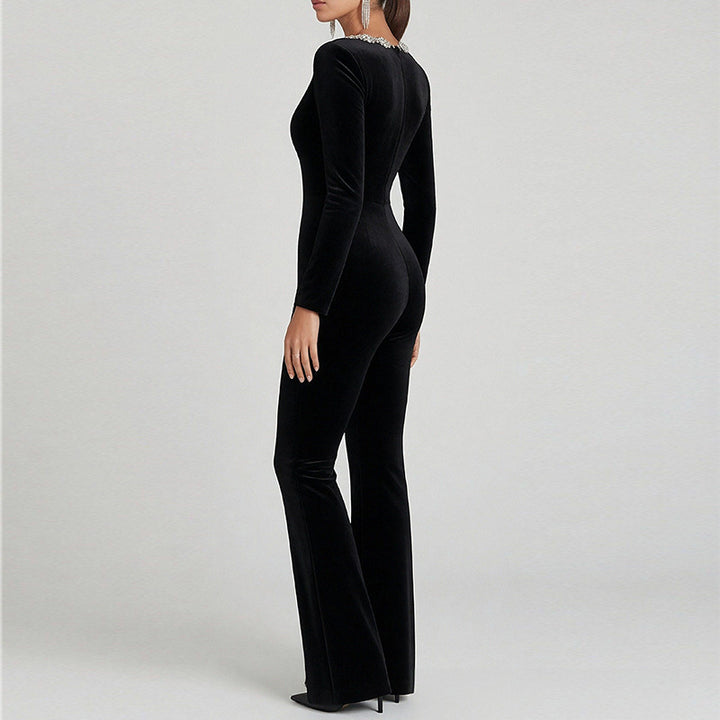 Damen Eleganter Flared Overall mit floralem Ausschnitt und langen Ärmeln Drune