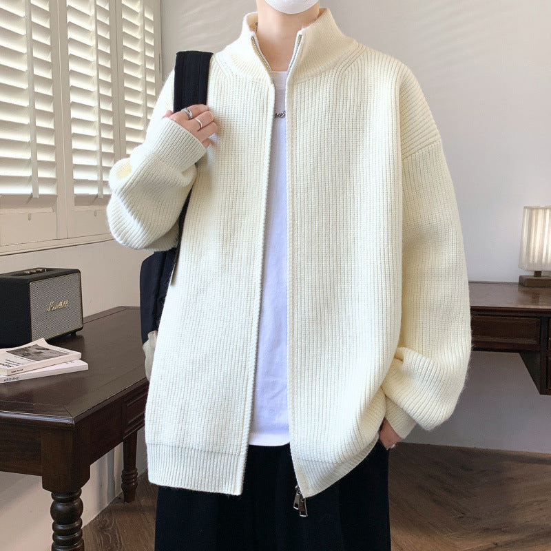 Herren Oversized Strick‑Zipjacke mit hohem Stehkragen und feiner Rippstruktur Drune