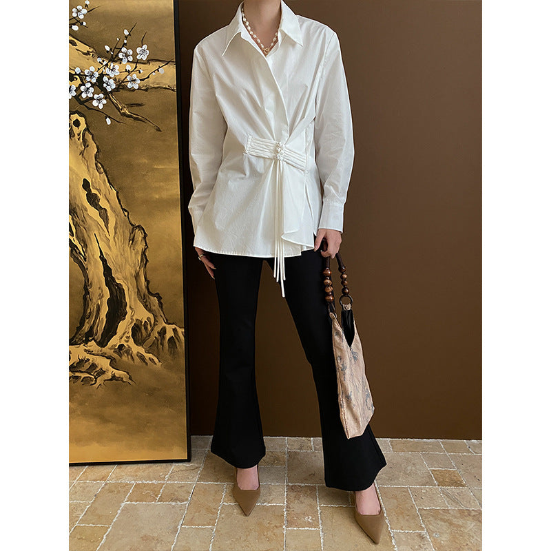 Damen Wickelbluse mit dekorativen Knopfdetails und elegantem Bindeband Drune