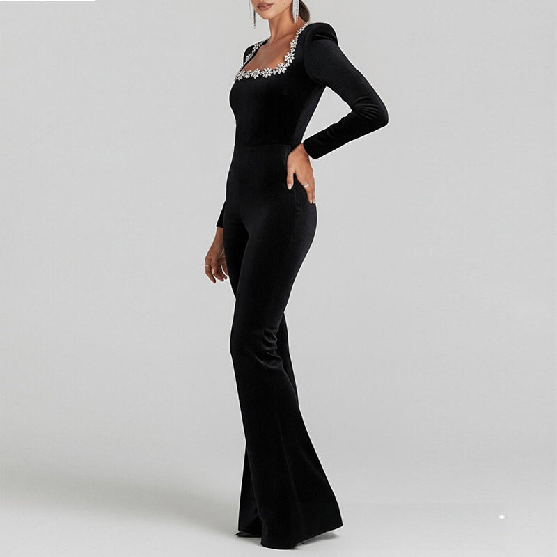 Damen Eleganter Flared Overall mit floralem Ausschnitt und langen Ärmeln Drune