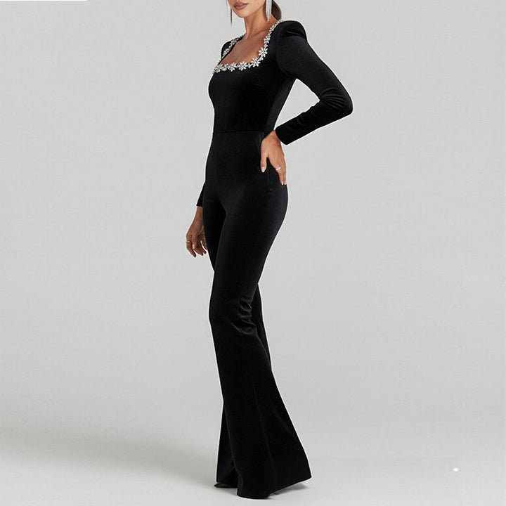 Damen Eleganter Flared Overall mit floralem Ausschnitt und langen Ärmeln Drune
