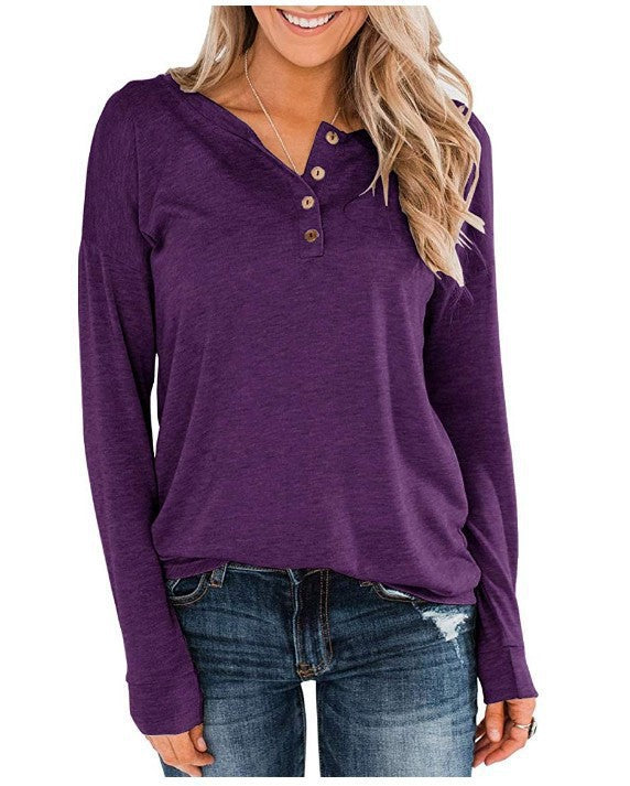 Damen modisches Langarm-Henley-Shirt mit Knopfleiste Drune