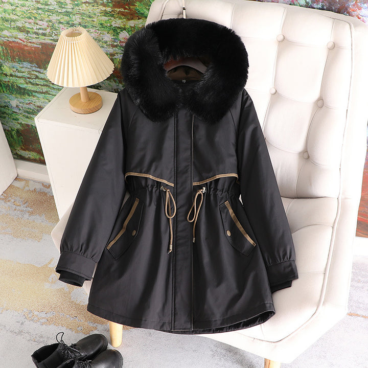 Damen modische Übergangsjacke mit abnehmbarem Kunstfellkragen und Taillenzug Drune
