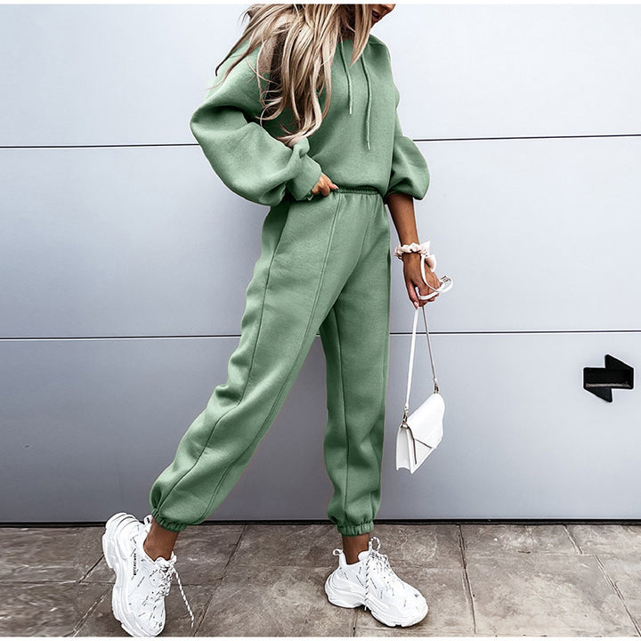 Damen kuscheliges Lounge-Zweiteiler-Set mit oversized Kapuzenpullover, Balloon-Ärmeln und taillierter Jogginghose Drune