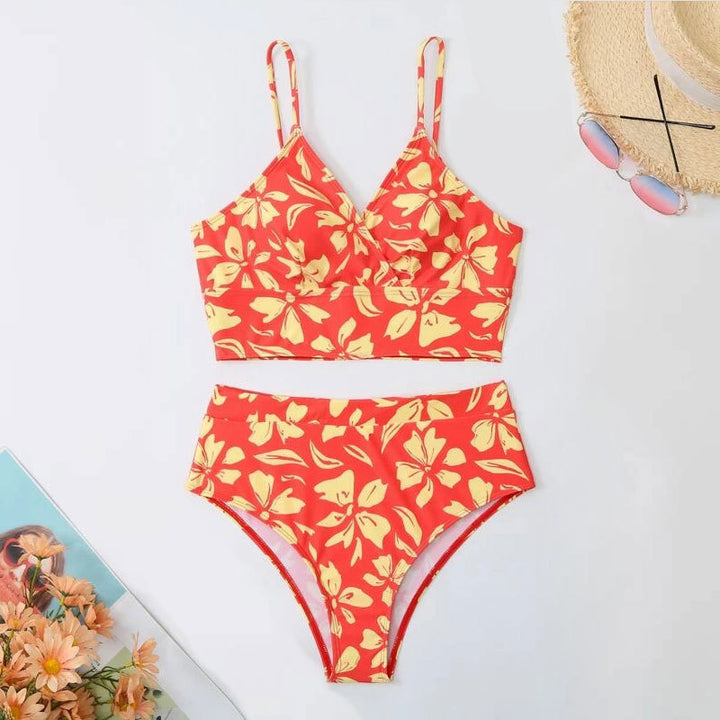 Damen Zweiteiliges Bikini-Set mit blütenförmigem Crop-Top und hoch tailliertem Höschen Drune