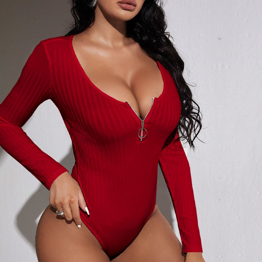 Damen Slim Fit Bodysuit mit tiefem V-Ausschnitt und Reißverschluss Drune