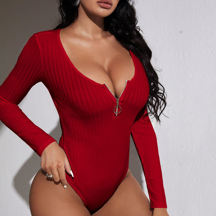 Damen Slim Fit Bodysuit mit tiefem V-Ausschnitt und Reißverschluss Drune