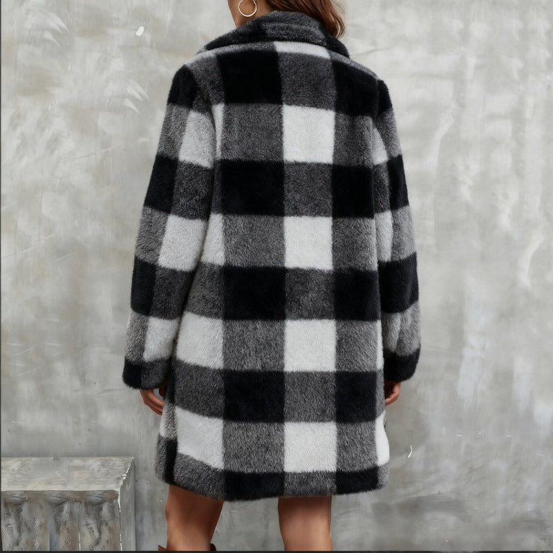 Damen Karierter Teddy-Mantel mit Reverskragen und Kuschel-Fleece Drune