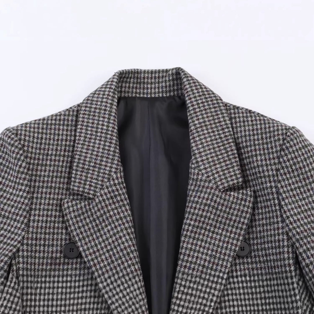 Damen Zweireihiger Hahnentritt-Blazer mit offenem Schlitz-Saum und taillierter Silhouette Drune