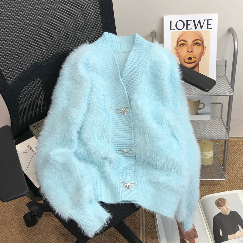 Damen Flauschiger Cardigan mit eleganter Knopfverzierung Drune