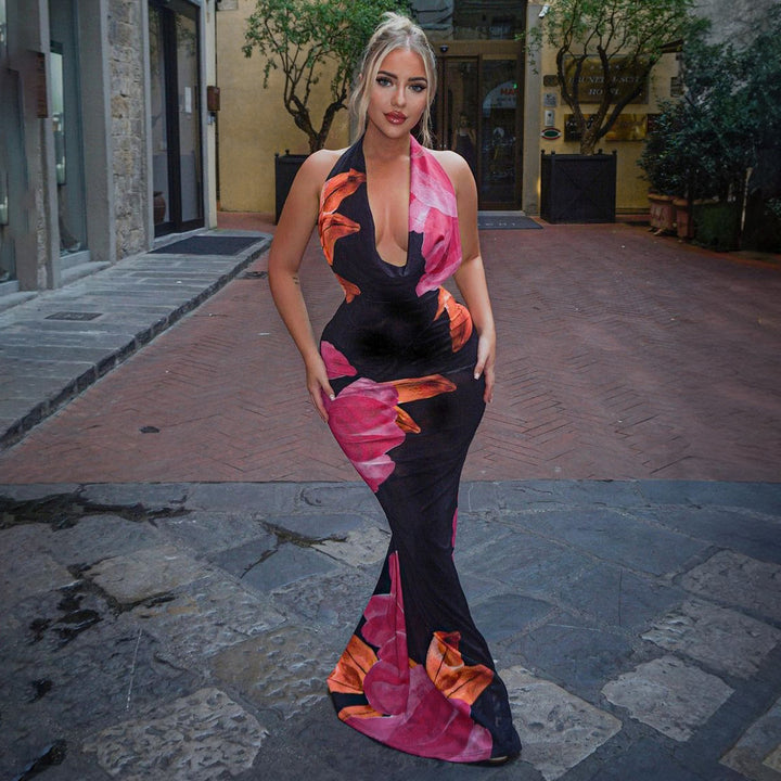 Damen Elegantes Maxikleid mit kunstvollem Blumenmuster Drune
