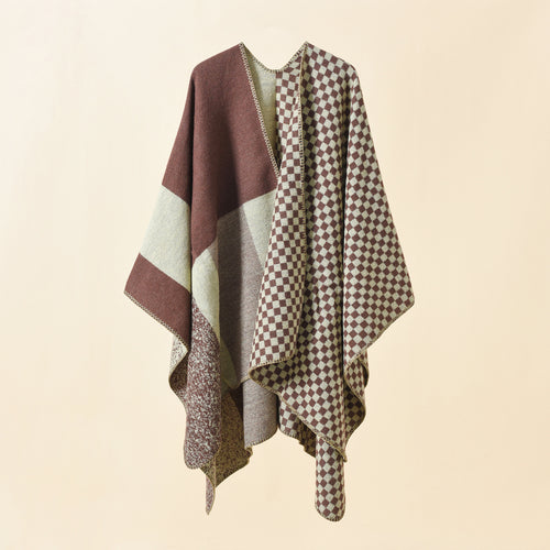 Damen Wendbarer Karomuster-Capeponcho aus Wollmix mit kastigem Oversize-Fall Drune
