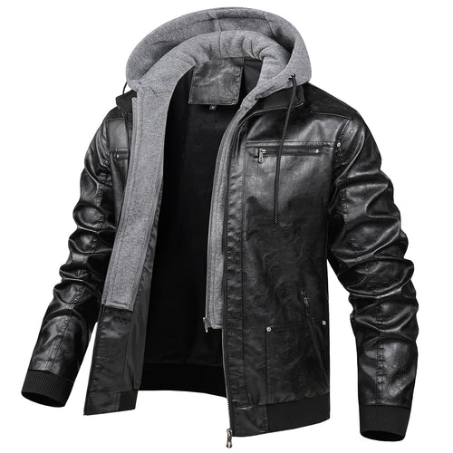 Herren Modische Kunstlederjacke mit abnehmbarer Kapuze Drune
