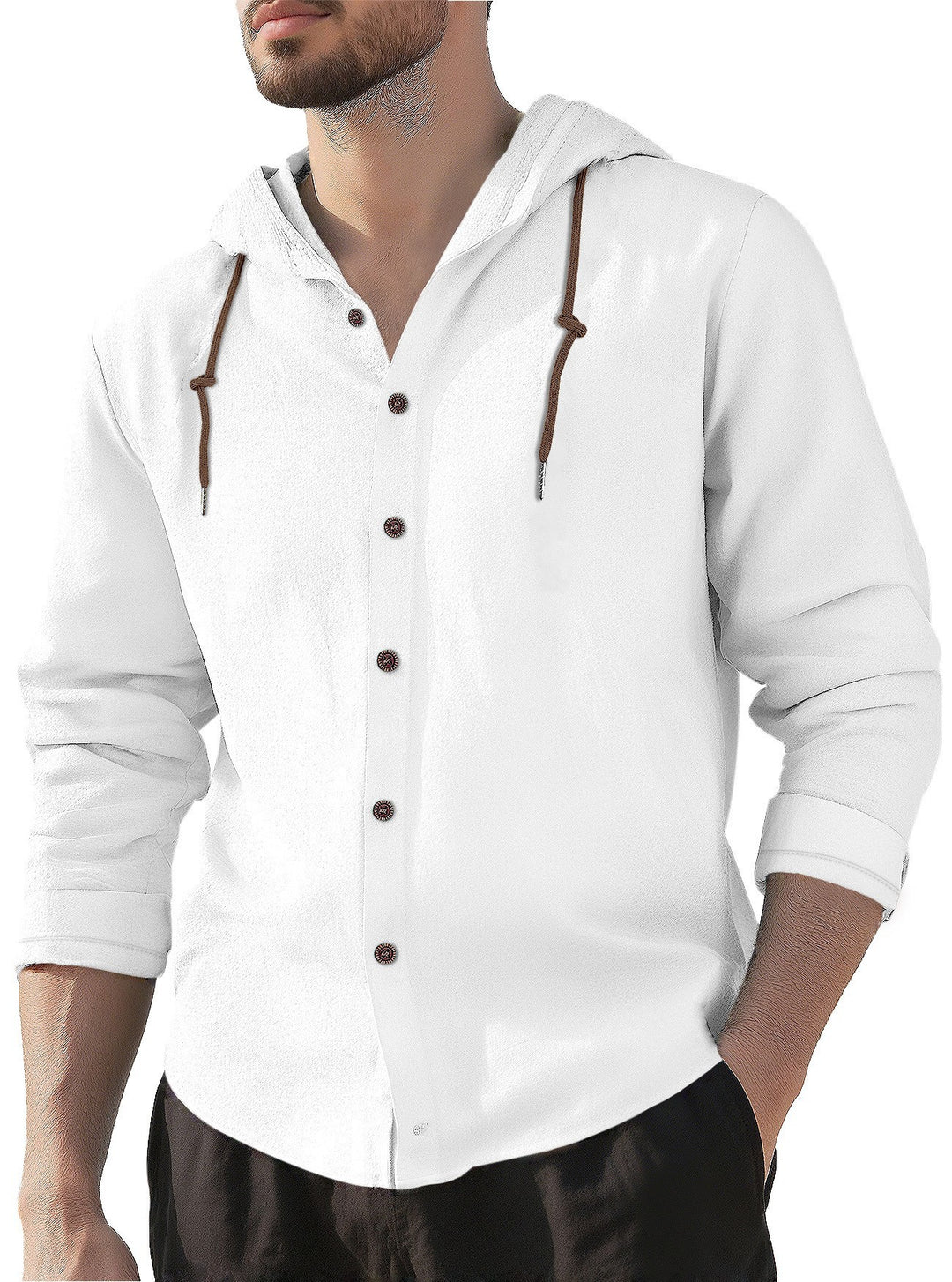 Herren nan Kapuzenhemd im Leinen-Look mit durchgehender Knopfleiste und Kordelzug Drune