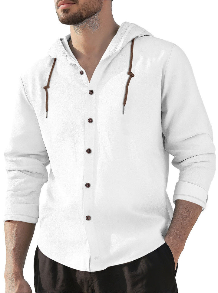 Herren nan Kapuzenhemd im Leinen-Look mit durchgehender Knopfleiste und Kordelzug Drune