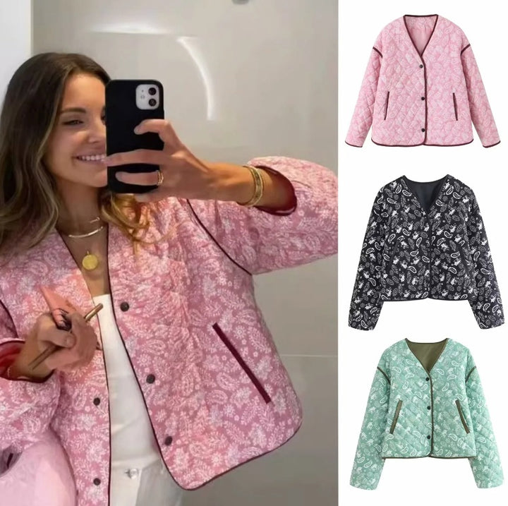 Damen gesteppte Jacke mit floralem Design und praktischen Taschen Drune