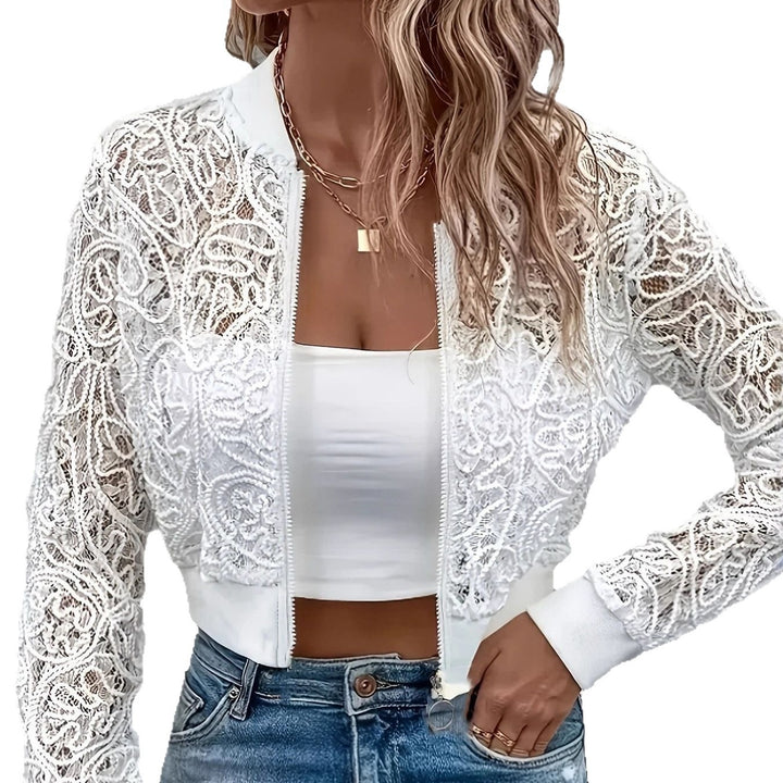 Damen Cropped Spitzen-Bomberjacke mit floraler Häkeloptik und Rippbündchen Drune