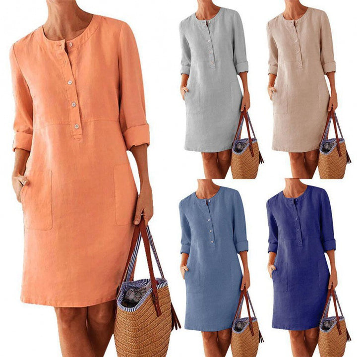 Damen Locker geschnittenes Leinenoptik-Kleid mit dreiviertel-Ärmeln, Knopfleiste und Eingrifftaschen Drune