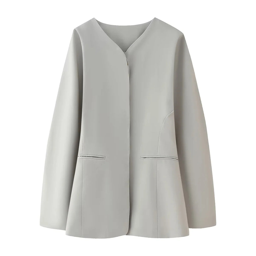 Damen nan minimalistischer V-Ausschnitt Blazerjacke mit verdeckter Verschlussleiste und schmalen Leistentaschen Drune