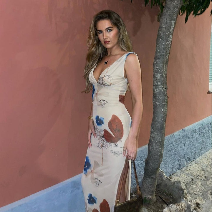Damen Maxikleid mit tiefem V-Ausschnitt und floralem Design Drune