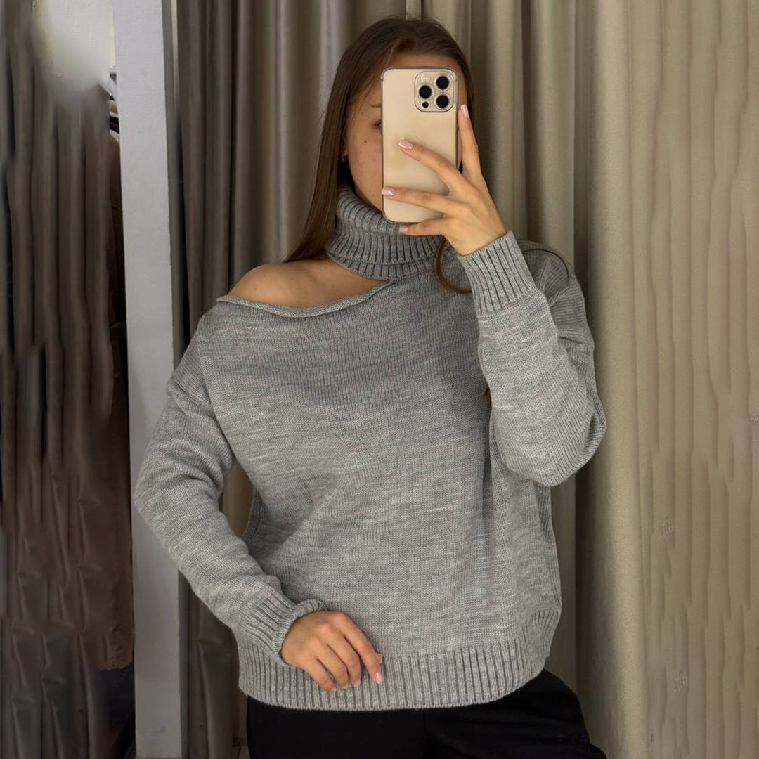 Damen Oversized Pullover mit asymmetrischem Ausschnitt und hohem Kragen Drune