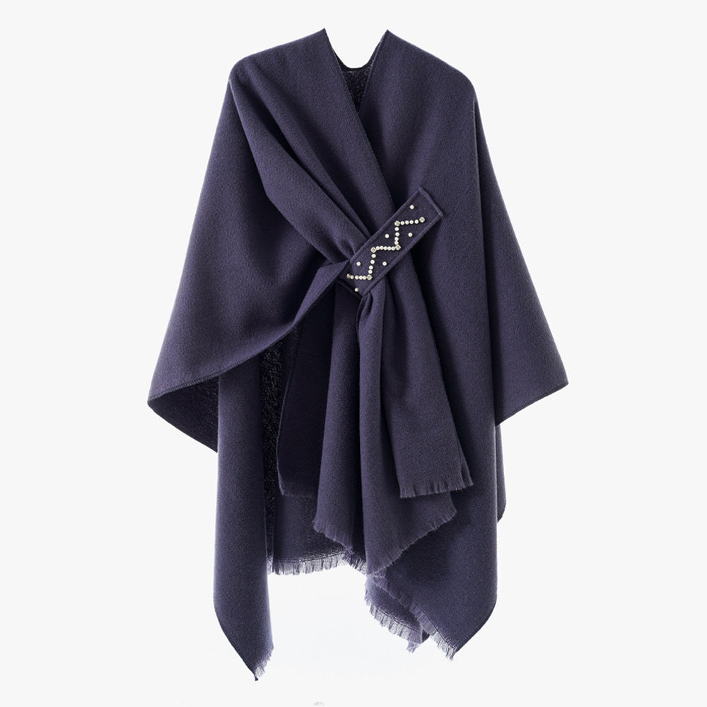 Damen Eleganter Wickel-Umhang aus Wollmischung mit Taillenschärpe und Fransensaum Drune