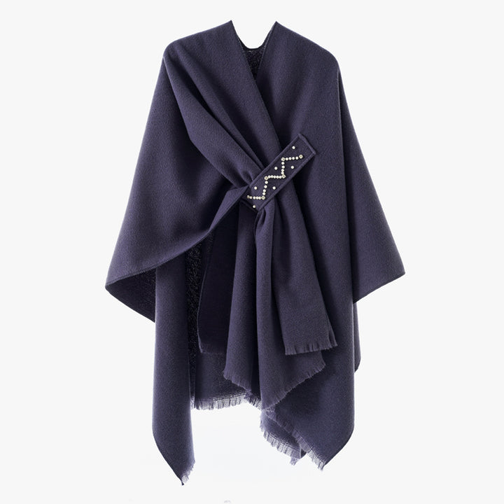 Damen Eleganter Wickel-Umhang aus Wollmischung mit Taillenschärpe und Fransensaum Drune