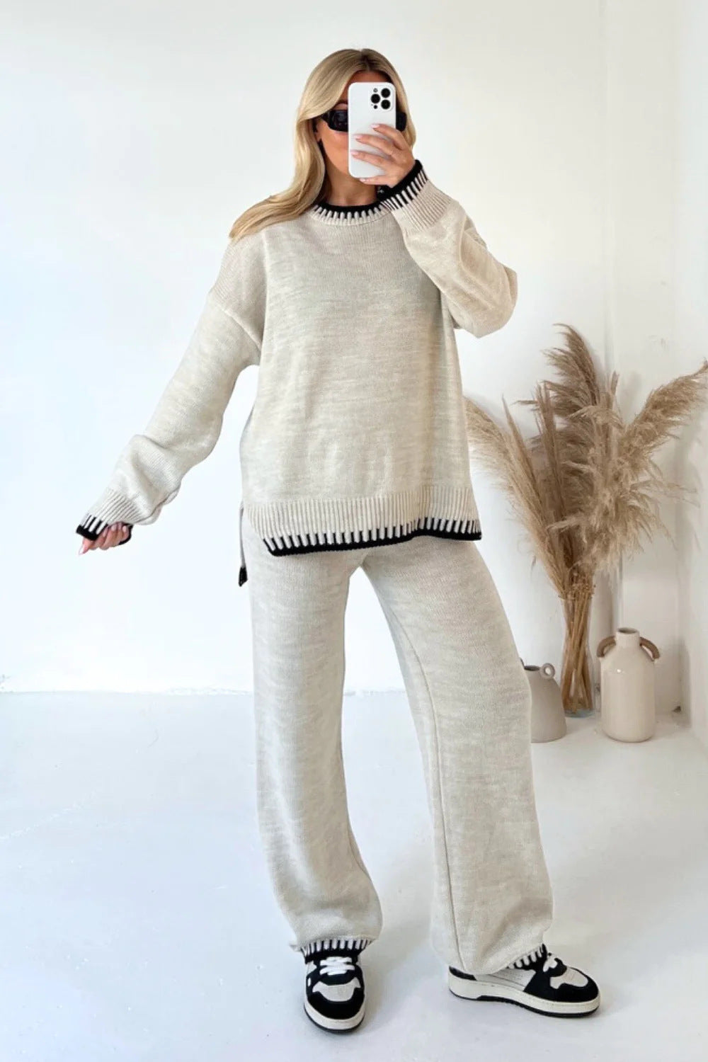 Damen nan lässiger Strick-Hausanzug mit Oversize-Pullover und weiter Strickhose Drune