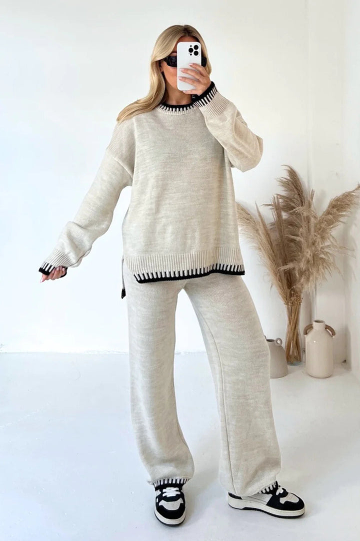 Damen nan lässiger Strick-Hausanzug mit Oversize-Pullover und weiter Strickhose Drune