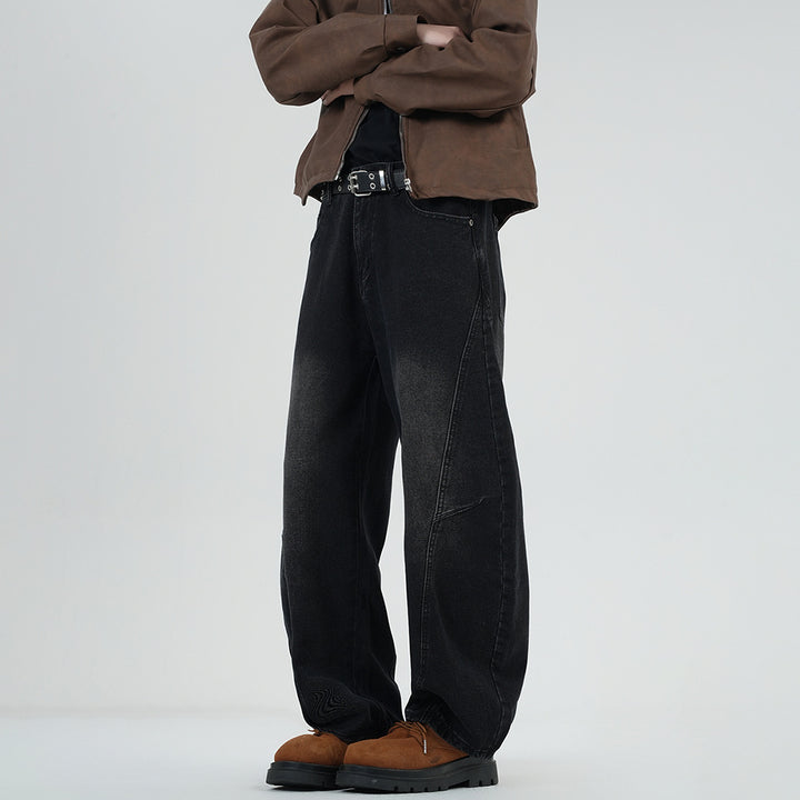 Herren Weite Stonewashed-Paneel-Denimhose mit tiefem Schritt und markanten Ziernähten Drune