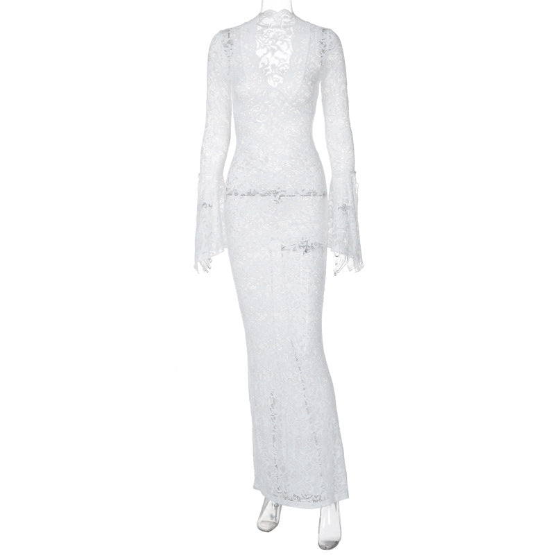 Damen Figurbetontes Spitzenkleid mit tiefem V-Ausschnitt und nostalgischen Puffärmeln Drune