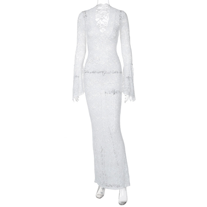 Damen Figurbetontes Spitzenkleid mit tiefem V-Ausschnitt und nostalgischen Puffärmeln Drune