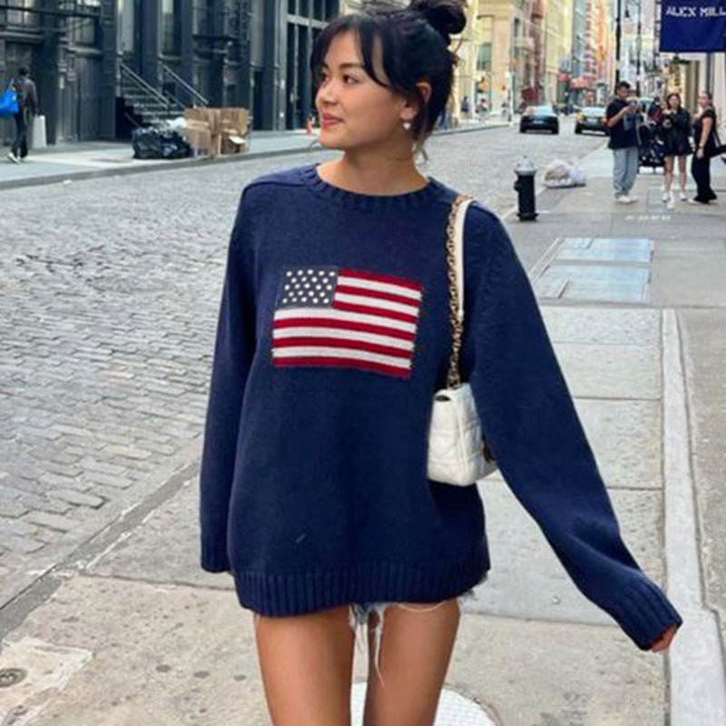 Damen Kuscheliger Baumwollmix-Strickpullover mit Rundhals und eingestrickter Flaggenapplikation Drune