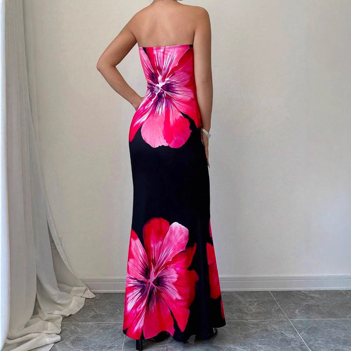 Damen Strapless Maxikleid mit floralen Akzenten und elegantem Slim-Fit Drune