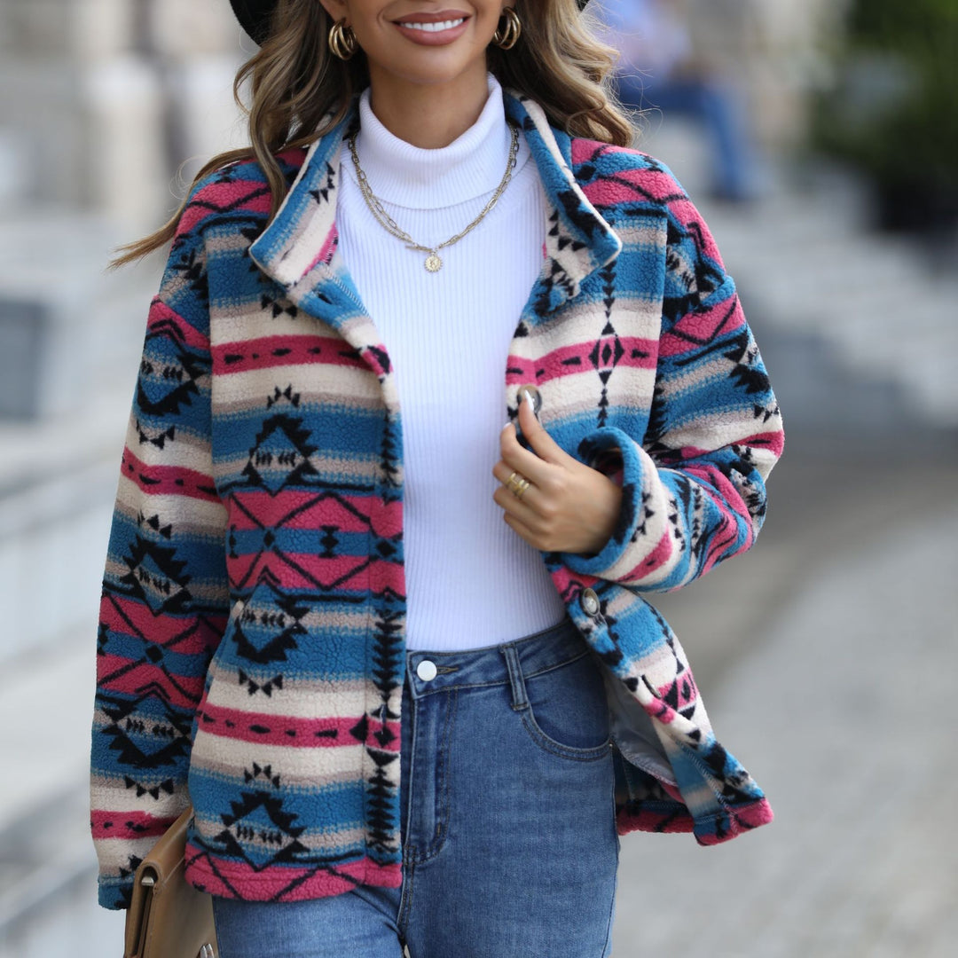 Damen Fleecejacke im Boho-Stil mit einzigartigem geometrischem Muster und großen Knöpfen Drune