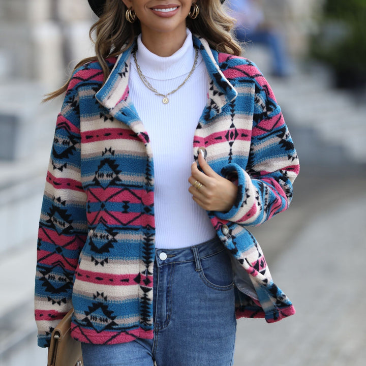 Damen Fleecejacke im Boho-Stil mit einzigartigem geometrischem Muster und großen Knöpfen Drune