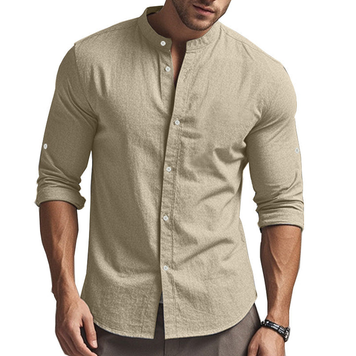 Herren Langarm-Hemd mit modernem Henley-Kragen und kontrastierenden Knopfdetails Drune