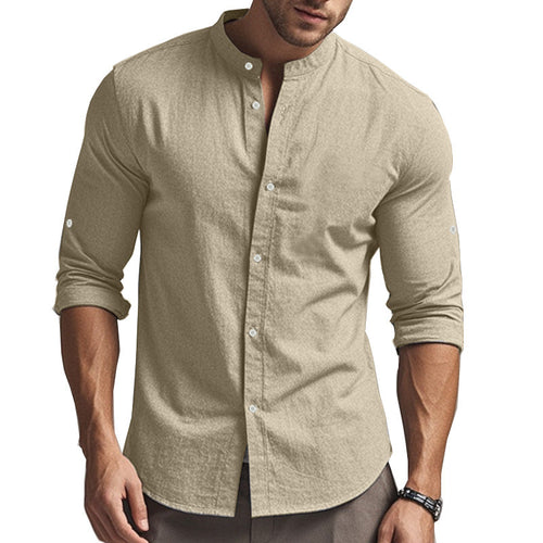 Herren Langarm-Hemd mit modernem Henley-Kragen und kontrastierenden Knopfdetails Drune