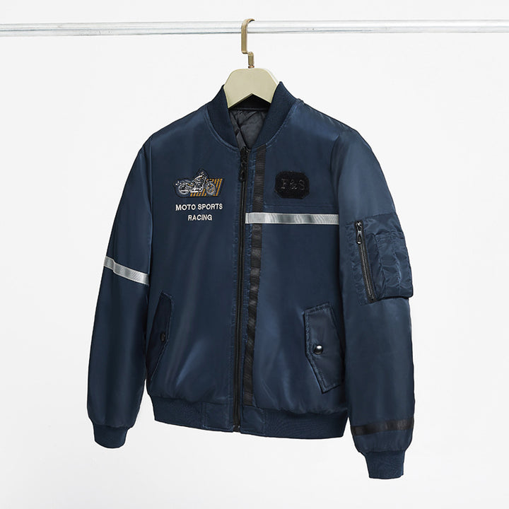 Men's  motorcycle-inspired reflective pilot bomber jacket with embroidered racing badge Drune