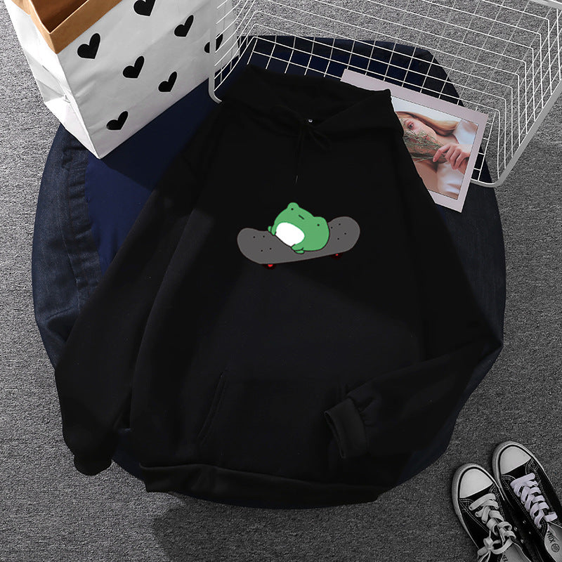 Unisex nan Kapuzenpullover mit Skater-Frosch-Print, weichem Fleece-Innenfutter und Kängurutasche Drune