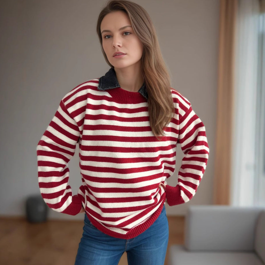 Damen Oversized Pullover mit modischem Streifenmuster und lässiger Passform Drune
