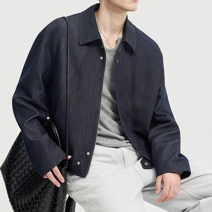 Herren Boxy-Jeansjacke im Minimalstil mit Hemdkragen und verdeckter Druckknopfblende Drune