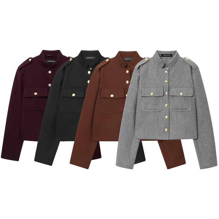 Damen Kurzgeschnittene Military‑Jacke mit Stehkragen, Pattentaschen und Zierknopfleiste Drune