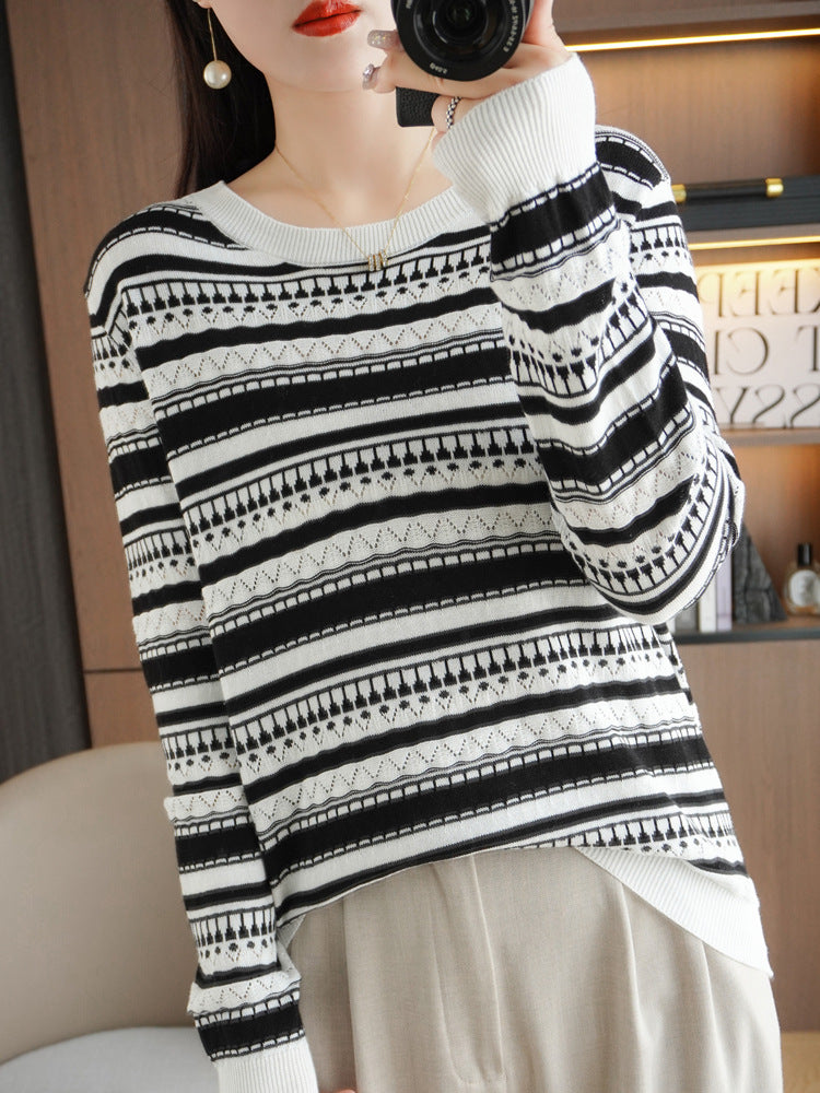 Damen Leichter Rundhals-Feinstrickpullover mit geometrischem Ajourstreifenmuster Drune