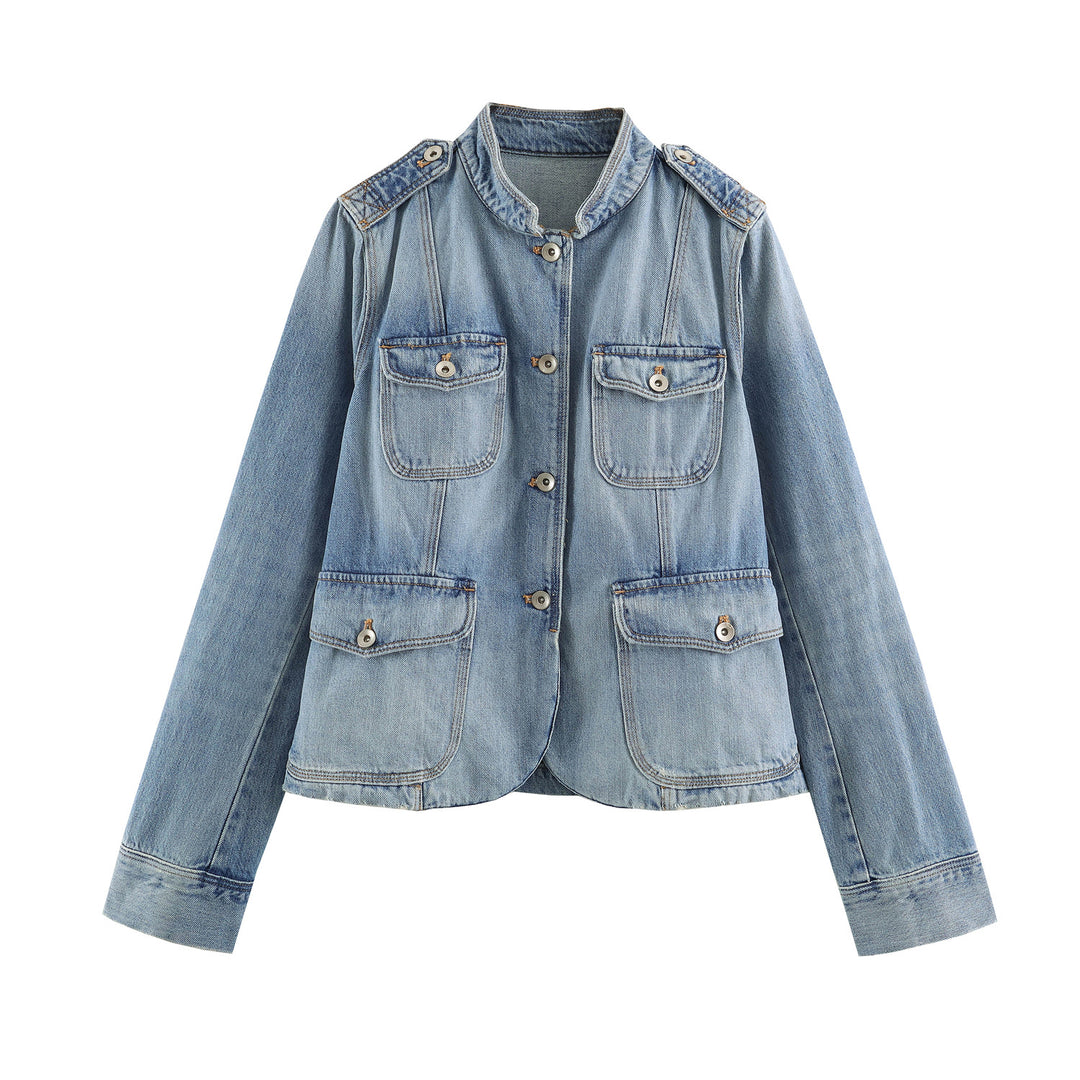 Damen nan leichte Denimjacke mit Stehkragen Schulterklappen und vier Pattentaschen Drune