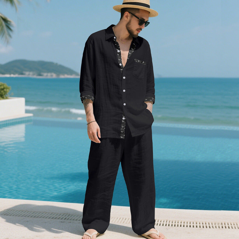 Herren Leinenoptik-Loungewear-Set mit Kordelzughose und offenem Hemdjacke Drune