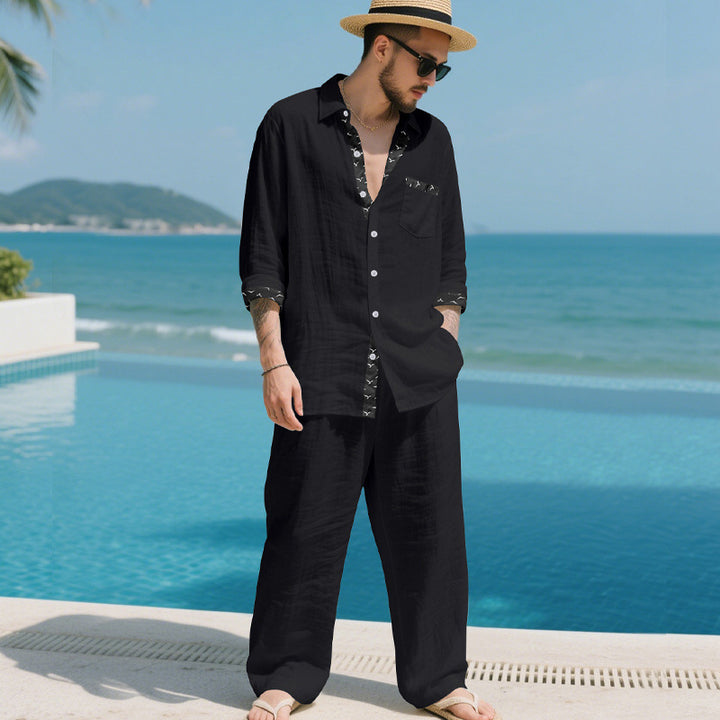 Herren Leinenoptik-Loungewear-Set mit Kordelzughose und offenem Hemdjacke Drune